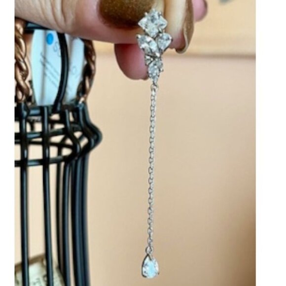 925 Sterling Silver Rhodium Plated Pear and Princess Cut CZ Dangle Earrings - Picture 3 of 14